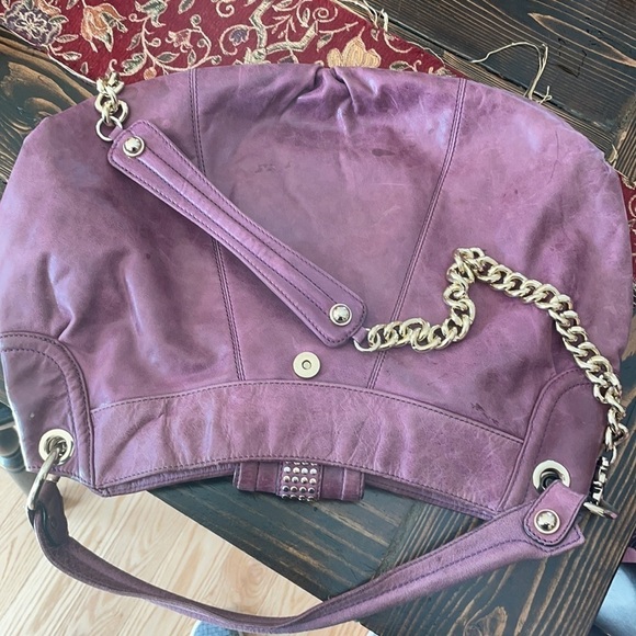 𝅺MARCIANO Studded Purple Leather Hollywood Goldtone Chain Crossbody - Picture 4 of 12